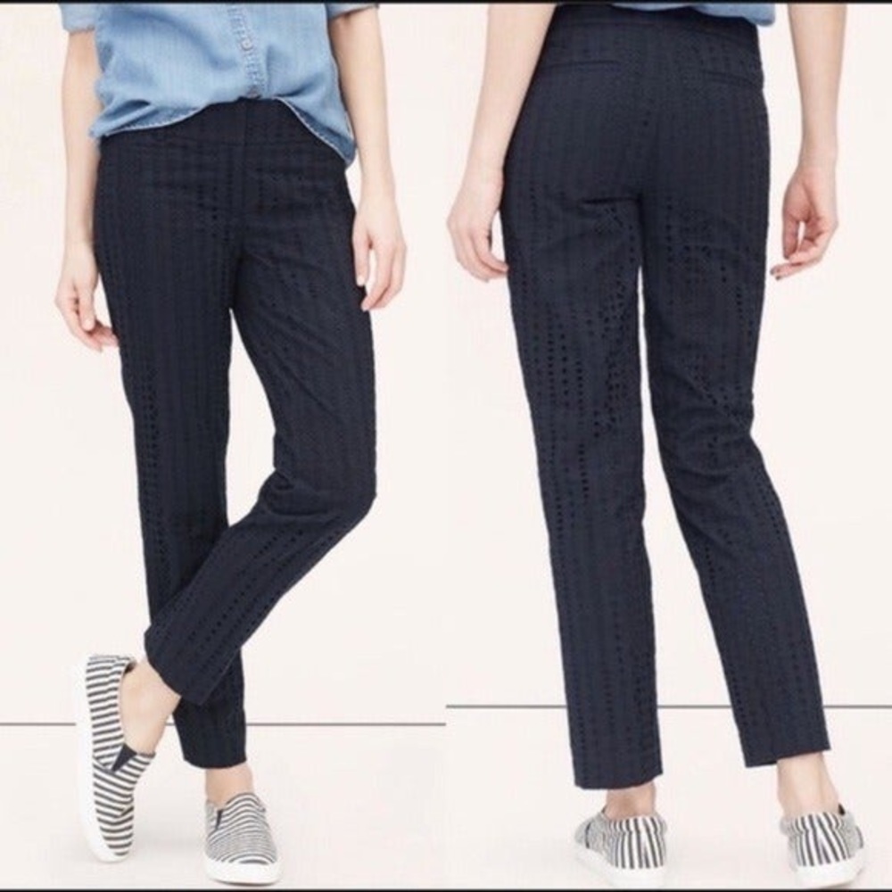 EUC Ann Taylor Loft Dark Navy Blue Jule Ankle Crocheted Pants
